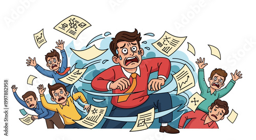 Man overwhelmed by falling papers chaos.