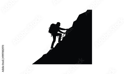 Mountaineer climbing a steep rocky peak
