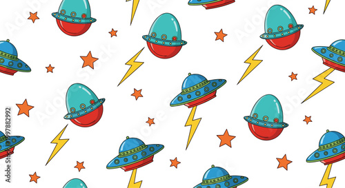 Fun UFO and Lightning Pattern with Stars for Space, Sci-Fi, and Retro Adventure Themes in Bright Colors
