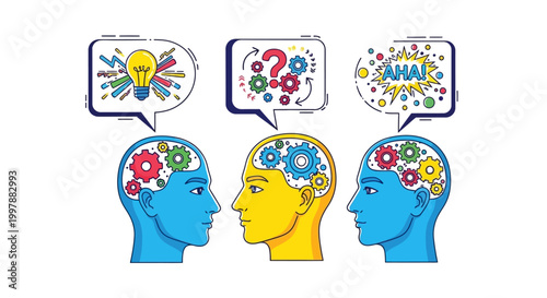 Three human heads with colorful brains.