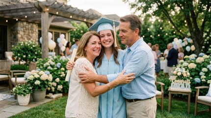Proud parents embrace their daughter in graduation gown at backyard celebration