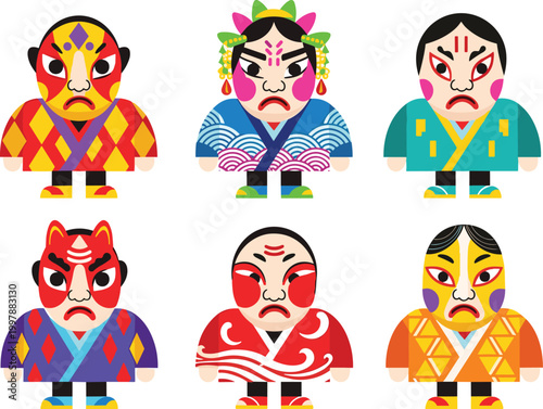 Colorful Traditional Japanese Kabuki Performers with Bold Makeup and Costumes for Cultural Art, Theater, and Performance Illustrations