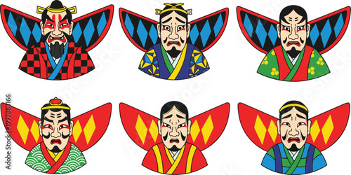 Traditional Japanese Theater Masks with Colorful Costumes and Dramatic Expressions for Cultural Art, Kabuki, and Theater Performances