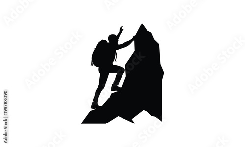 Rock climber ascending a steep cliff silhouette