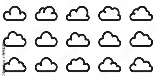 Cloud outline icons set featuring simple black line strokes on white background for weather prediction application design and minimalist web layout.
