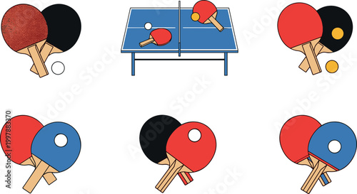 Table tennis equipment set with rackets balls and ping pong table in colorful flat design isolated illustration collection