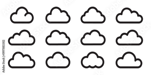 Set of outlined cloud shapes with varying curves and widths for weather graphics user interface elements and creative environmental design templates.