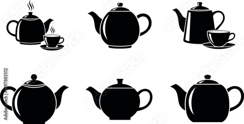 Teapot and cup silhouettes collection with tea service sets, classic kitchenware vector illustration for cafe and home design