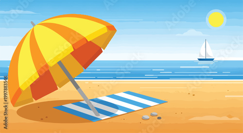 Foto A beach scene with a colorful umbrella on a striped towel