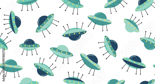 UFO Pattern with Green and Blue Flying Saucers for Space, Aliens, and Extraterrestrial Design Concepts
