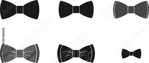 Various Black and Gray Bowtie Icons for Fashion, Clothing, Formal Wear, and Elegant Design Concepts