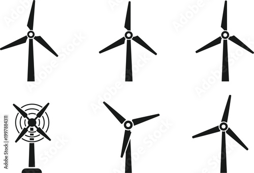 Black Wind Turbines and Wind Fans for Renewable Energy, Environmental Protection, and Clean Power Design Concepts