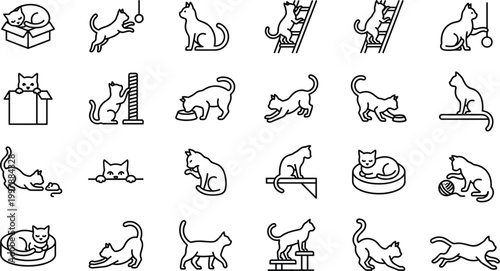 Cat lifestyle icon set featuring playful activities scratching climbing sleeping stretching and everyday domestic feline behavior outline vector collection