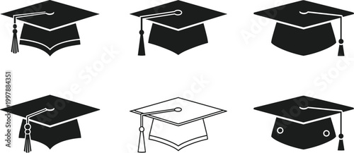 Tableau sur toile Black and White Graduation Caps with Tassels for Education, Graduation Ceremony,