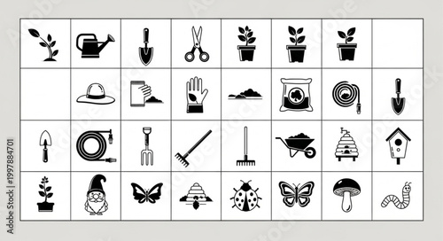 Gardening Icons Collection Plant Care Tools and Elements.