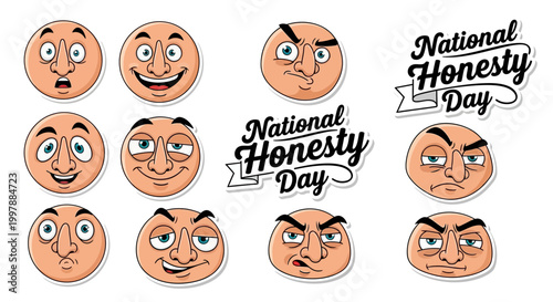 A set of National Honesty Day illustrations displayed as vector graphics showcases a range of cartoon faces expressing varied emotional states, set against a clean white background