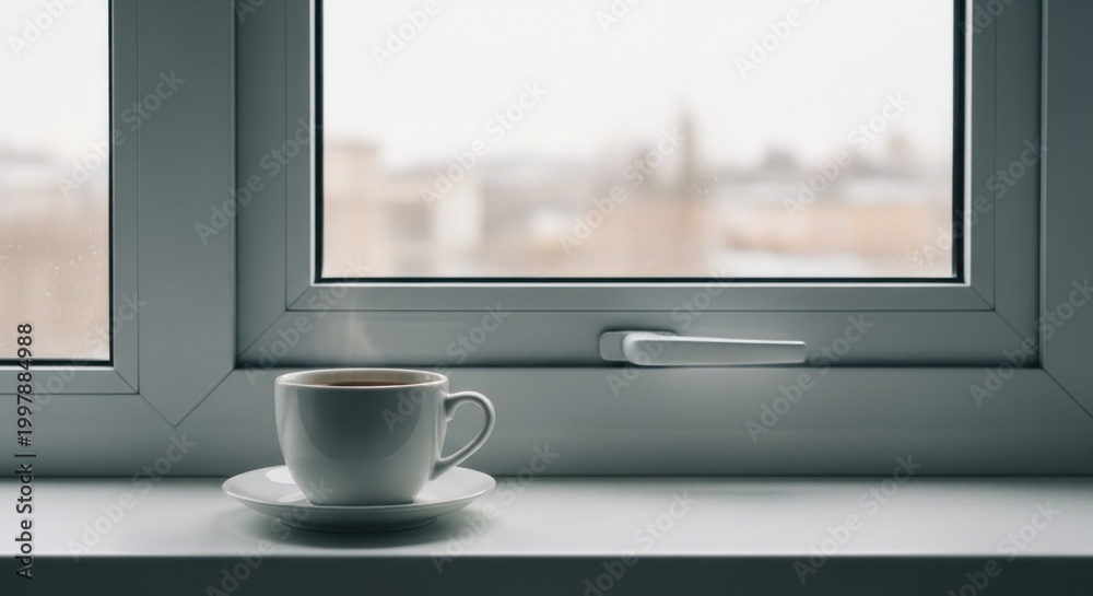 Fototapeta premium A white plastic window with a handle, a white cup of hot coffee with steam rising, and a white saucer on a windowsill with a view of a cityscape outside.