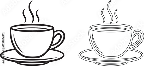Two steaming cups of coffee or tea a black and white illustration