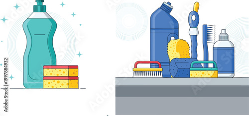 Cleaning Products Set with Dish Soap, Sponges, Brushes, and Bottles for Household, Cleaning, and Hygiene Illustration Designs