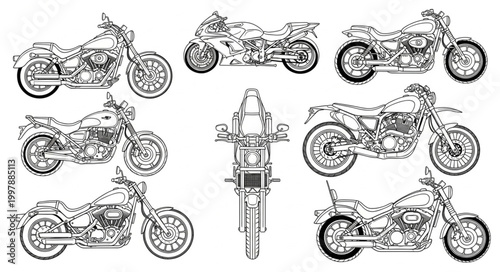 Collection of Motorcycle Illustrations in Sketch Style.