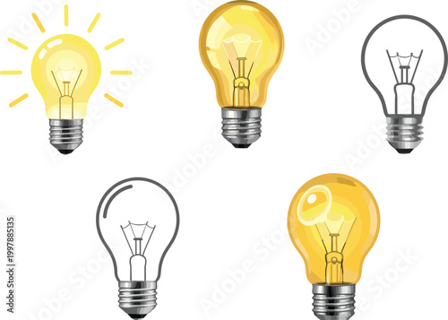 Light Bulb Icon Set with Glowing Idea Symbols, Classic Filament Lamps, and Outline Designs for Creativity, Innovation, and Electricity Illustration