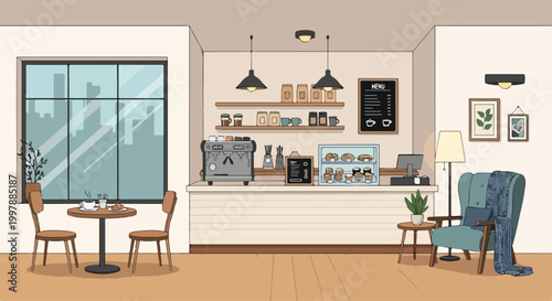 A cozy coffee shop interior with a counter