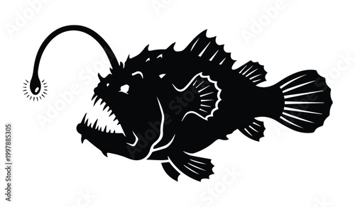 Angler Fish With Light Shape Icon Silhouette Vector black design on a white background