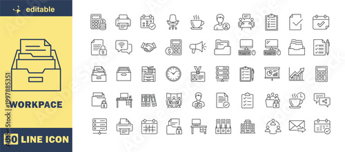 A collection of line icons depicting various workspace and office elements
