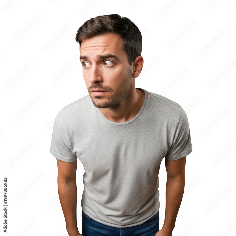 Obraz premium Man in gray tshirt looking sideways with a surprised expression isolated on transparent background