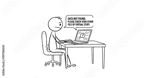 Frustrated Stick Figure Person Searching for Data on Laptop Displaying Error Message "DATA NOT FOUND" at Desk on Isolated White Background