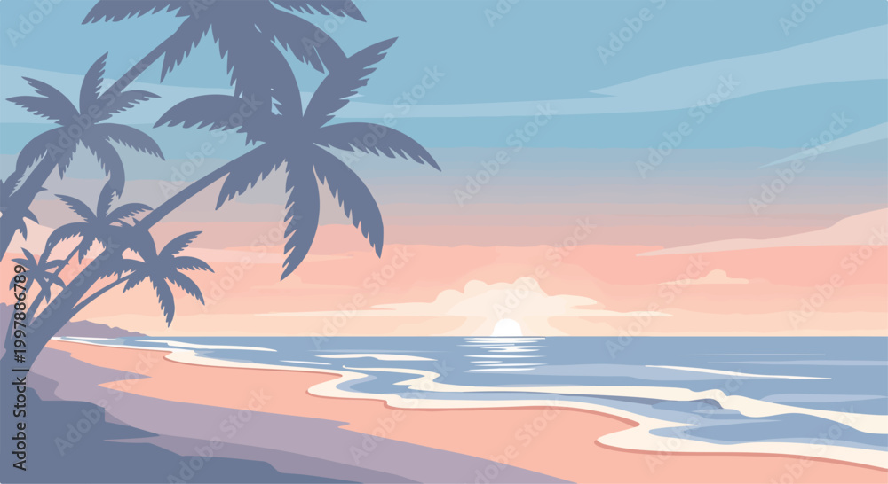 Fototapeta premium A serene beach at sunset with palm trees