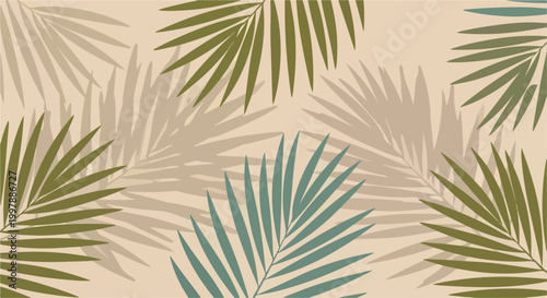 A seamless pattern of colorful palm leaves on beige