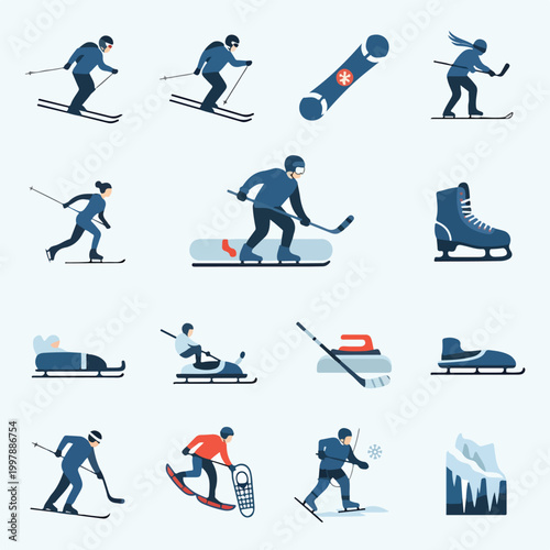 Winter sports icons featuring skiers, snowboarders, and ice skaters
