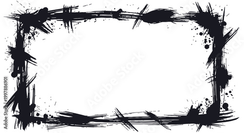 Bold and aggressive black grunge rectangular frame with thick brush strokes and scattered splatters, offering a raw artistic edge, on isolated white background.