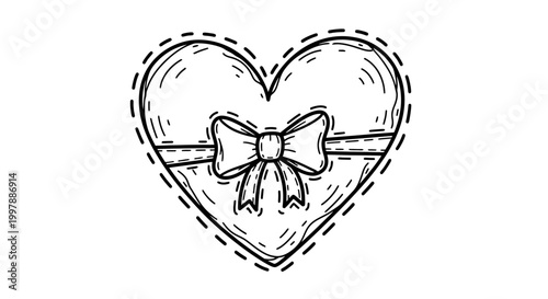 Textured heart-shaped gift box illustration with a decorative bow and dashed outline, conveying a handmade and loving sentiment, on isolated white background.