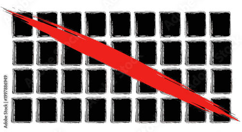 Grid of distressed black square frames with a bold red diagonal line crossing them out, symbolizing error or restriction, on isolated white background.