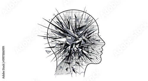 Abstract illustration of a human head shattering into geometric fragments, symbolizing stress, mental breakdown, or complex thought, isolated on a white background.