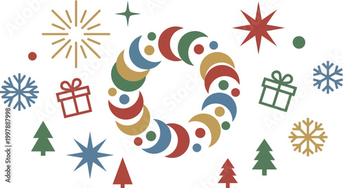 Christmas wreath formed by colorful crescent shapes is surrounded by festive icons on a white background.