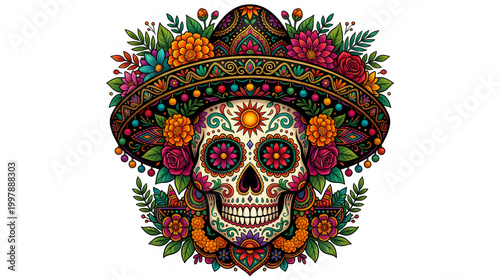 Ornate sugar skull illustration with vibrant flowers and sombrero hat, transparent background