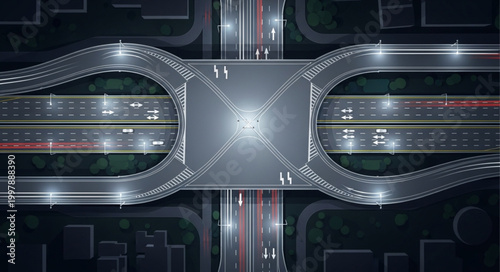 Aerial view of a complex highway interchange at night with traffic lights.