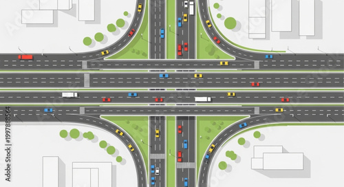 Aerial view of a busy highway interchange with flowing traffic.
