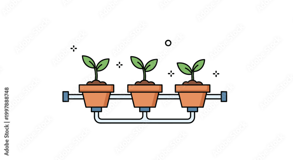 Fototapeta premium Three young green sprouts growing in terracotta pots connected by a shared irrigation or nutrient delivery pipe system illustration.