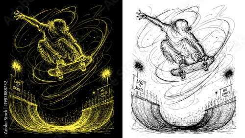 Golden Light Painting of Skateboarder Doing Kickflip at Skate Park — Extreme Sports Neon Art on Black Background