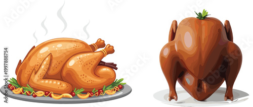 Roasted Turkey Set with Whole Cooked Bird on Platter and Standing Roast for Thanksgiving Dinner, Holiday Feast, and Traditional Food Illustration