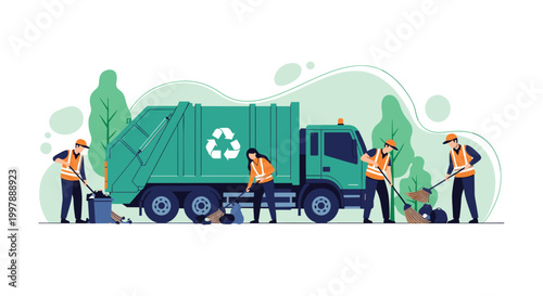 Team of sanitation workers in safety vests collecting trash and loading it into a large green recycling and garbage truck in a city.