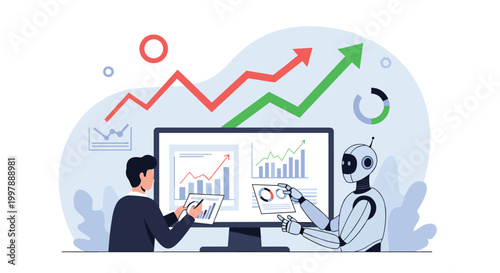 Professional man and a robot working together to analyze business data and financial growth charts on a large computer screen monitor.