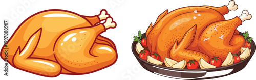 Roasted Whole Chicken and Raw Chicken Illustration Set with Golden Crispy Turkey, Garnished Platter, and Poultry Food Concept for Cooking and Meal Design