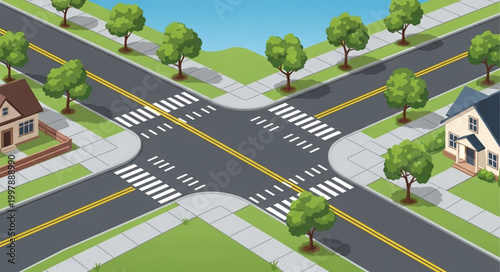 Isometric View of a Suburban Road Intersection with Houses and Trees.