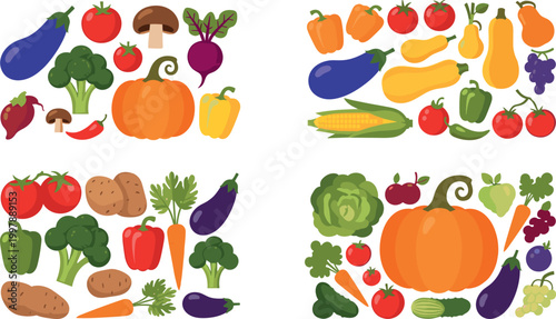 Vegetable collection set with assorted fresh farm produce, colorful organic food ingredients vector illustration for healthy cooking design