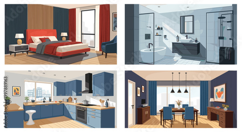 Collection of four detailed interior design illustrations showing a modern bedroom, bathroom, kitchen, and dining room living space.